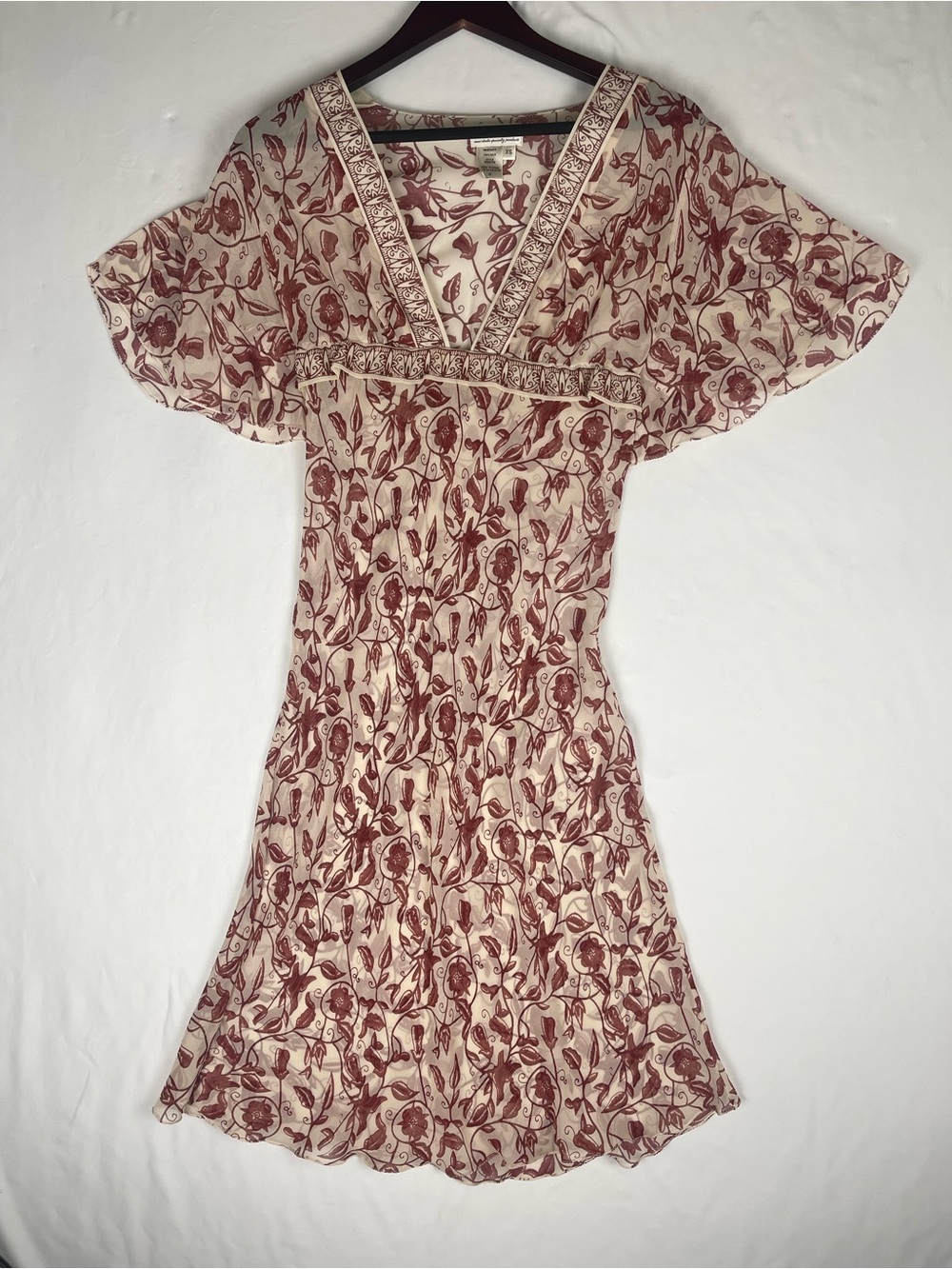 Cream Dress with Rust Floral Print V-Neck